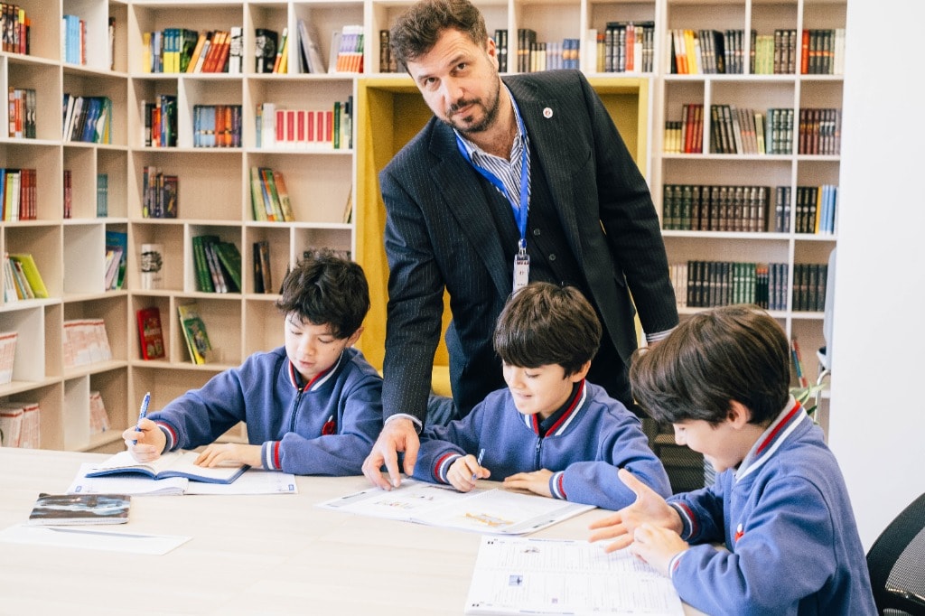 Students working in a science classroom